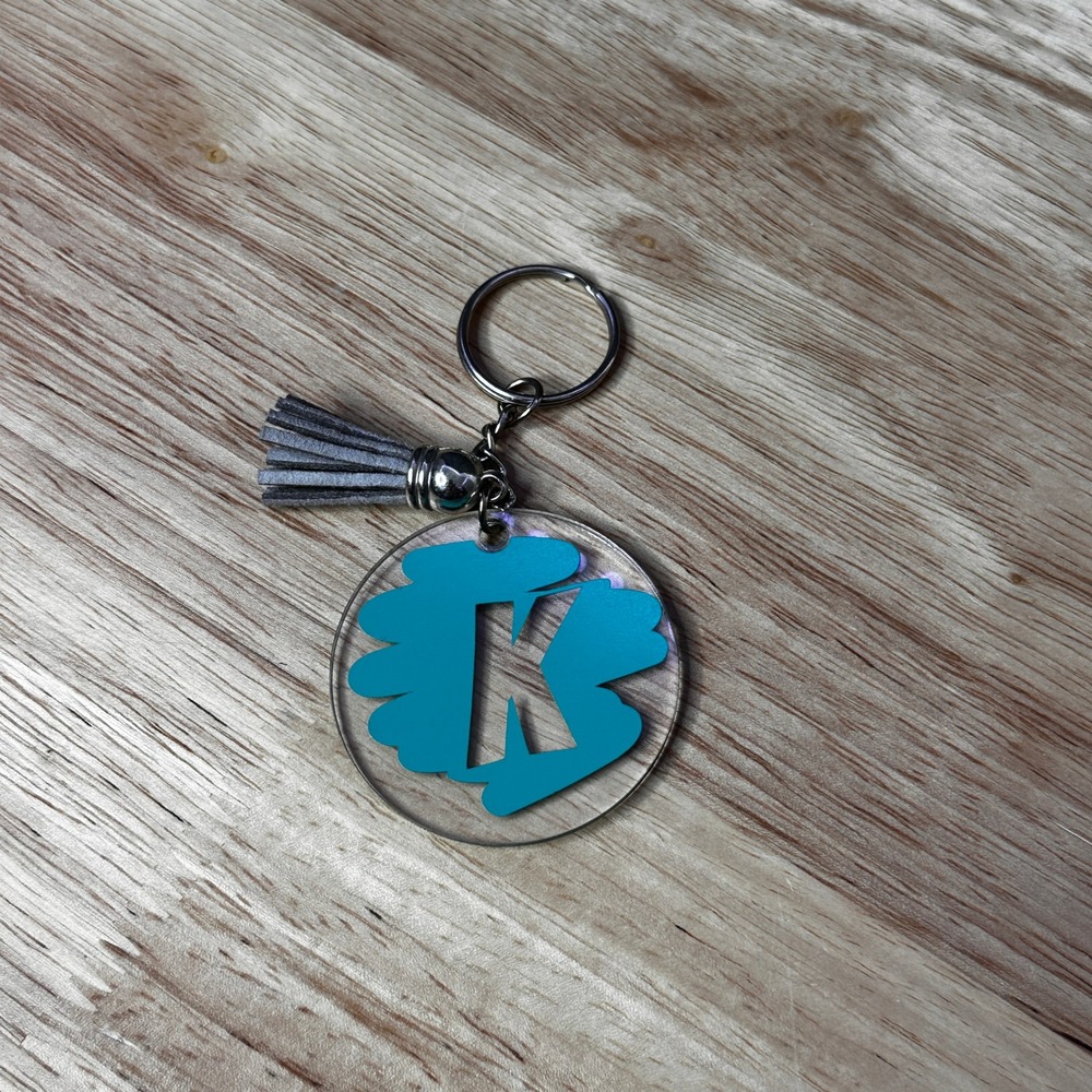 Teal Initial K Acrylic Keychain Round Monogram Charm Grey Tassel Silver Ring